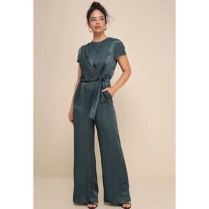 NEW Lulus Let Me Entertain You Dark Green Satin Wide Leg Jumpsuit